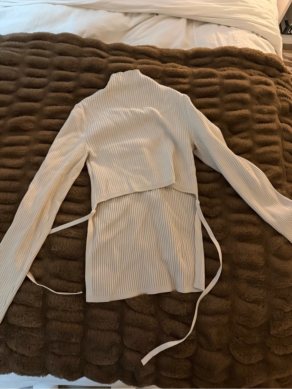 Aritzia Cream Ribbed Tie-Waist Long Sleeve Top